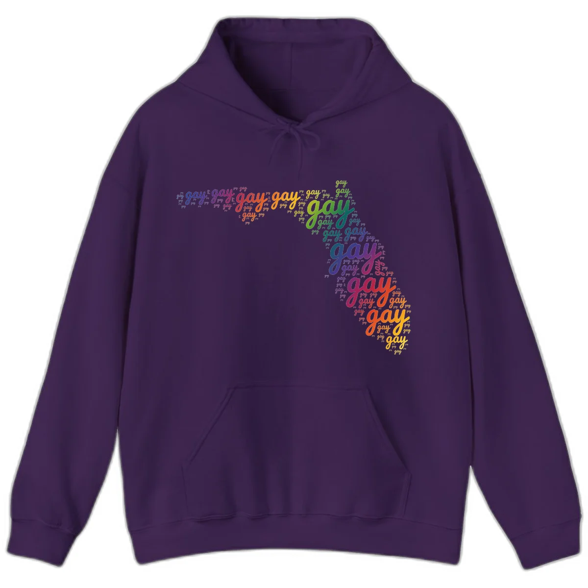 Gay pride word cloud with 'gay' repeated in rainbow colors including blue, purple, red, orange, yellow, and green on gray background in Purple