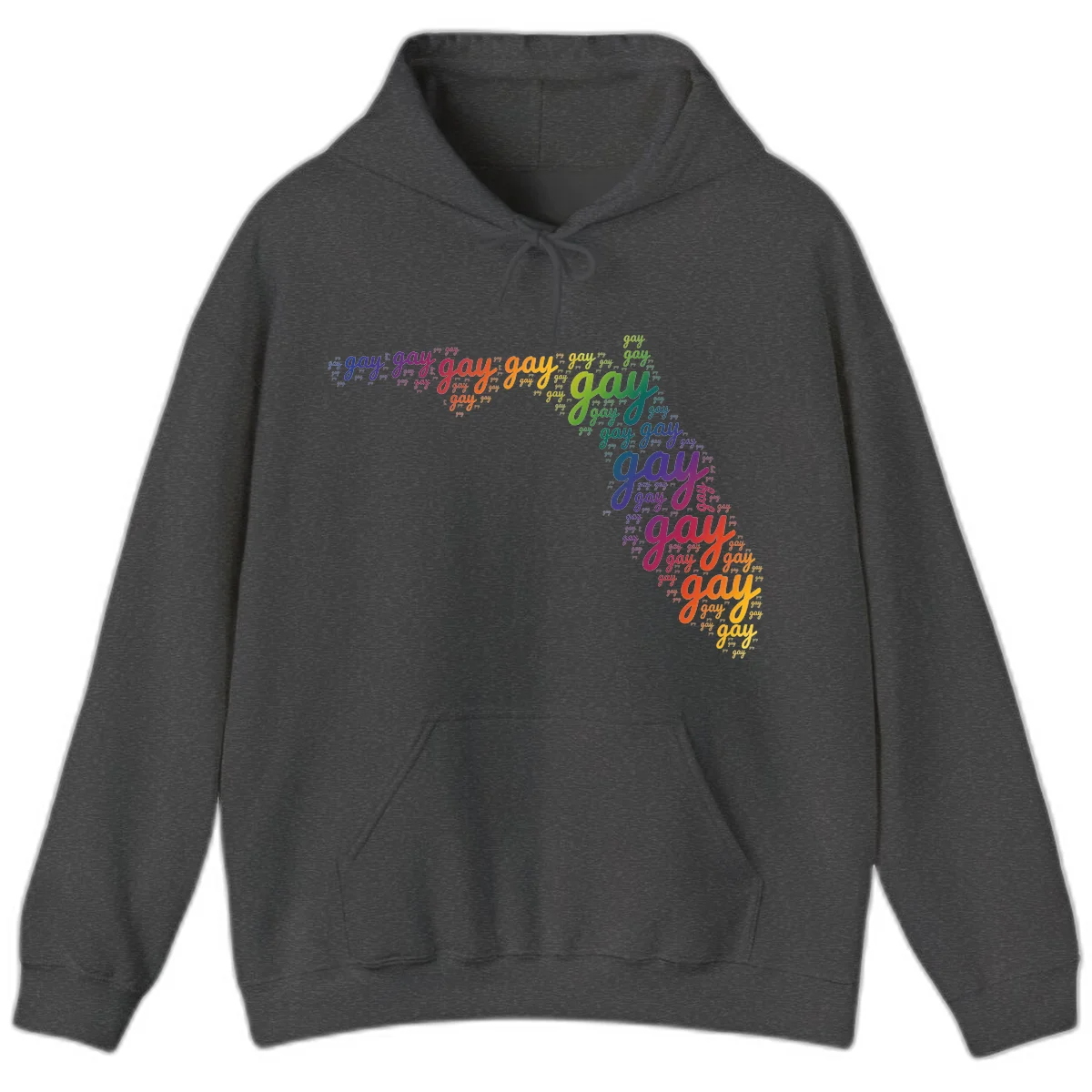 Gay pride word cloud with 'gay' repeated in rainbow colors including blue, purple, red, orange, yellow, and green on gray background in Dark Heather