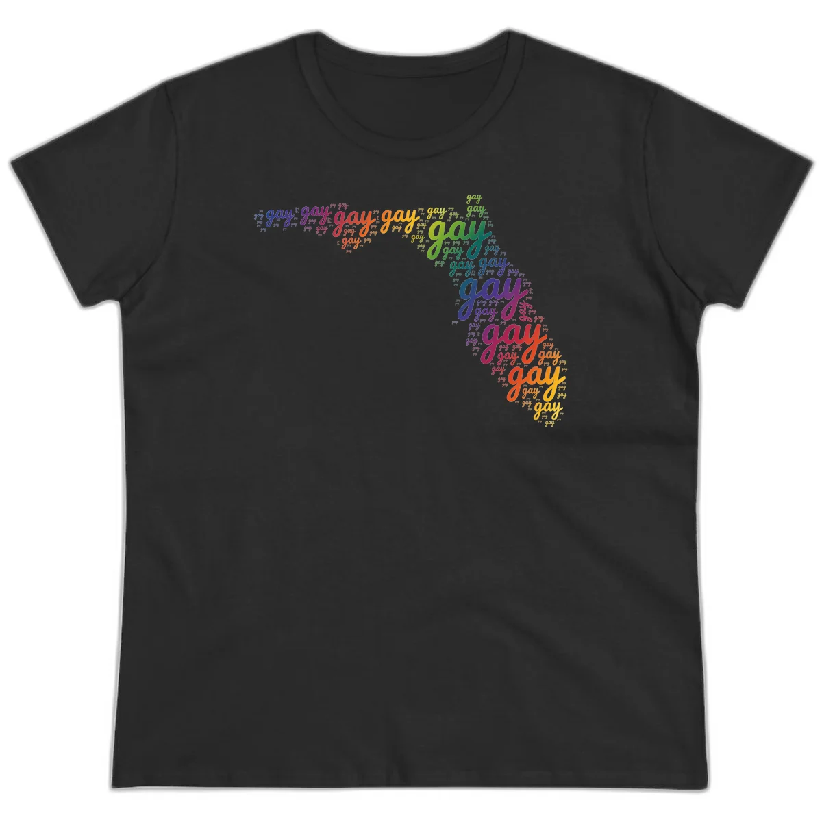 Gay pride word cloud with 'gay' repeated in rainbow colors including blue, purple, red, orange, yellow, and green on gray background in Black