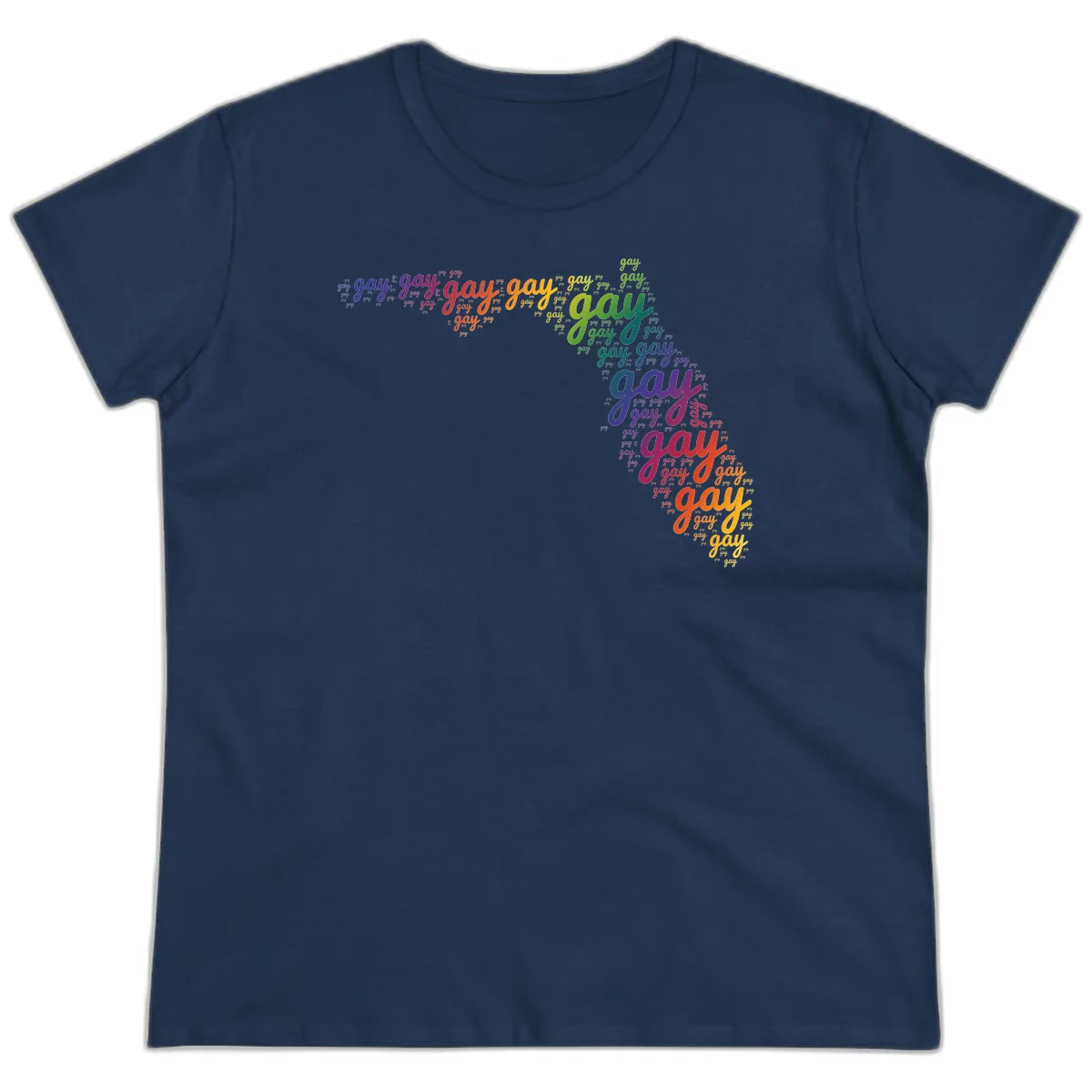 Gay pride word cloud with 'gay' repeated in rainbow colors including blue, purple, red, orange, yellow, and green on gray background in Navy