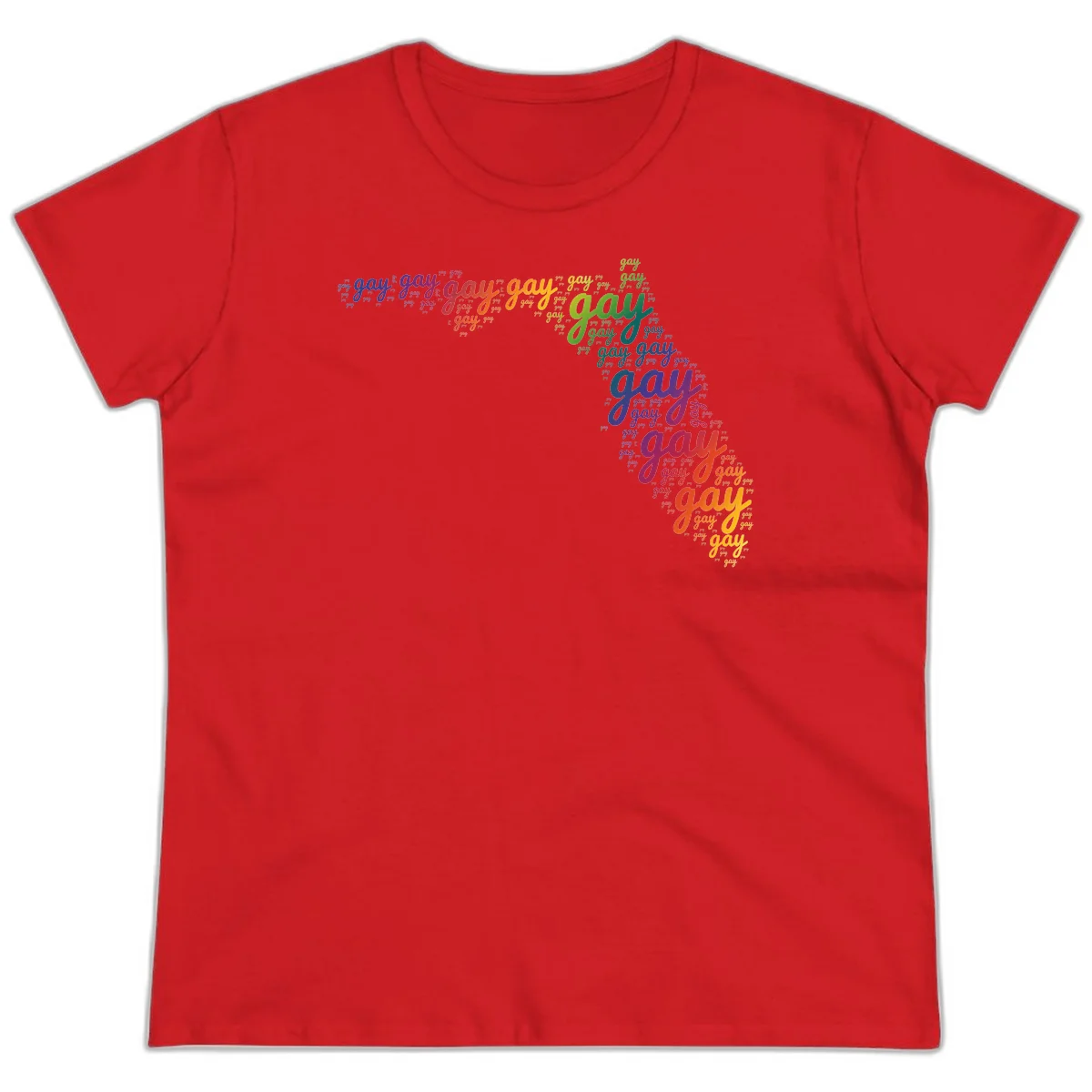 Gay pride word cloud with 'gay' repeated in rainbow colors including blue, purple, red, orange, yellow, and green on gray background in Red