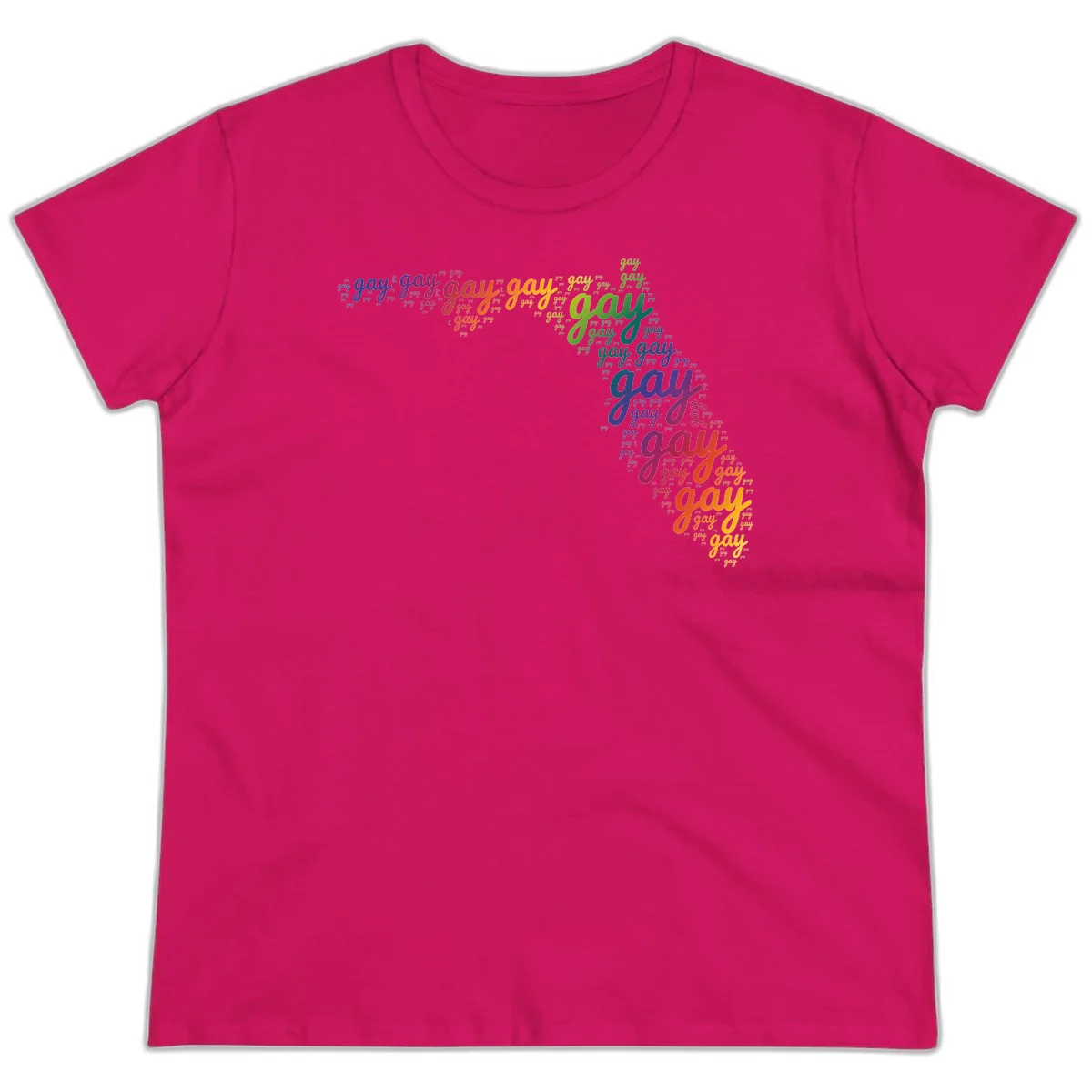 Gay pride word cloud with 'gay' repeated in rainbow colors including blue, purple, red, orange, yellow, and green on gray background in Heliconia