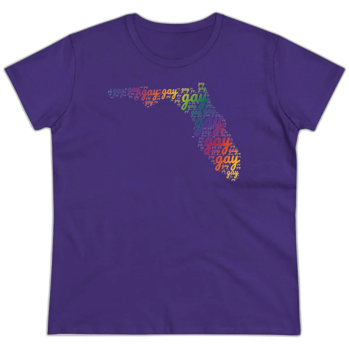 Gay pride word cloud with 'gay' repeated in rainbow colors including blue, purple, red, orange, yellow, and green on gray background in Purple