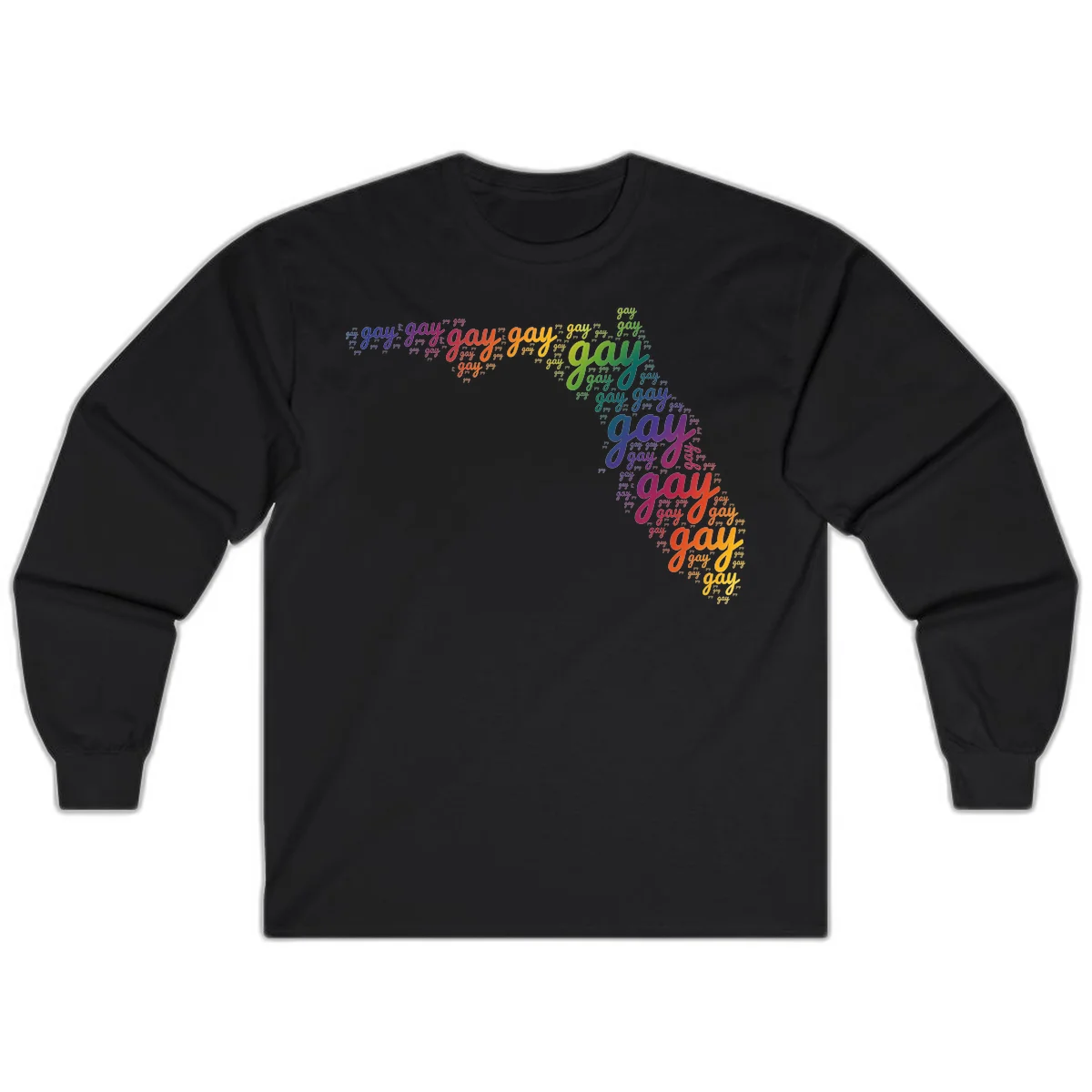 Gay pride word cloud with 'gay' repeated in rainbow colors including blue, purple, red, orange, yellow, and green on gray background in Black