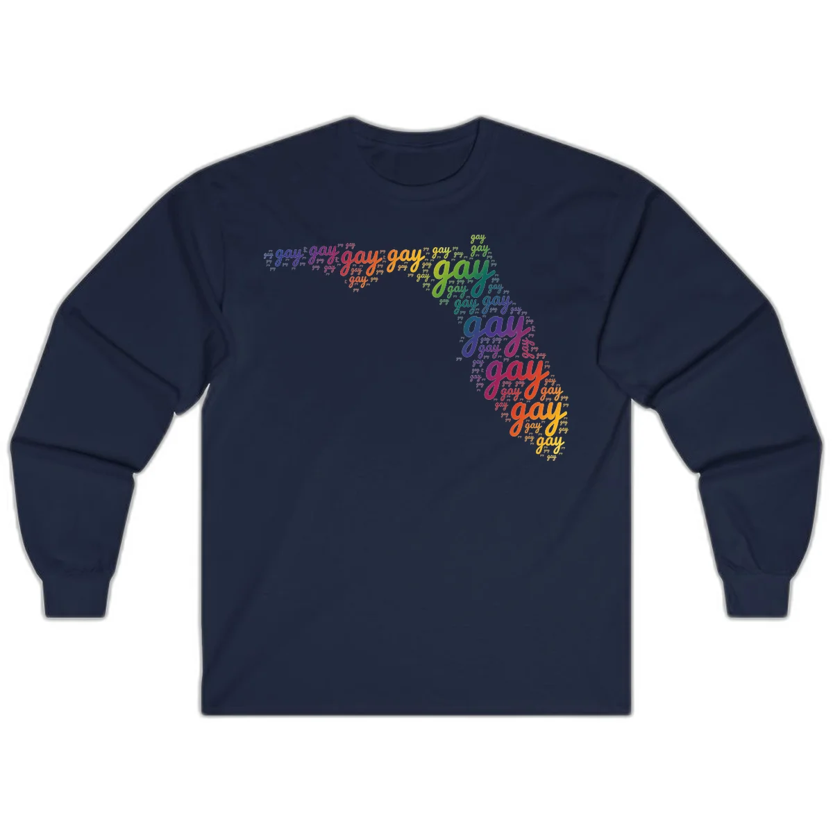 Gay pride word cloud with 'gay' repeated in rainbow colors including blue, purple, red, orange, yellow, and green on gray background in Navy