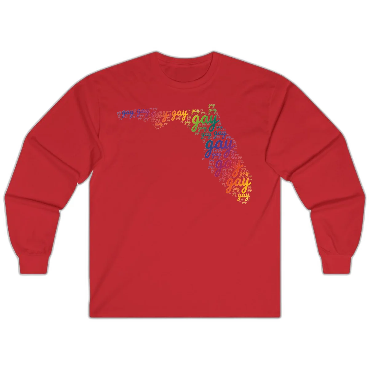 Gay pride word cloud with 'gay' repeated in rainbow colors including blue, purple, red, orange, yellow, and green on gray background in Red