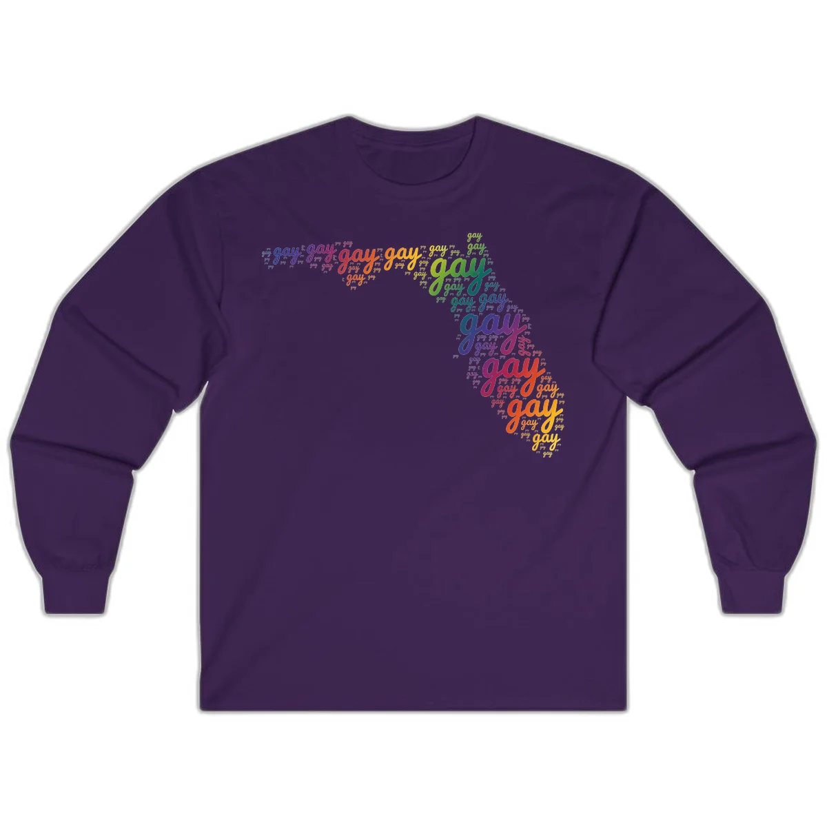 Gay pride word cloud with 'gay' repeated in rainbow colors including blue, purple, red, orange, yellow, and green on gray background in Purple