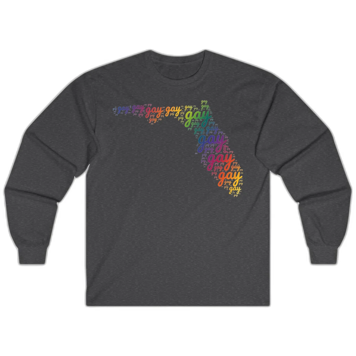 Gay pride word cloud with 'gay' repeated in rainbow colors including blue, purple, red, orange, yellow, and green on gray background in Dark Heather