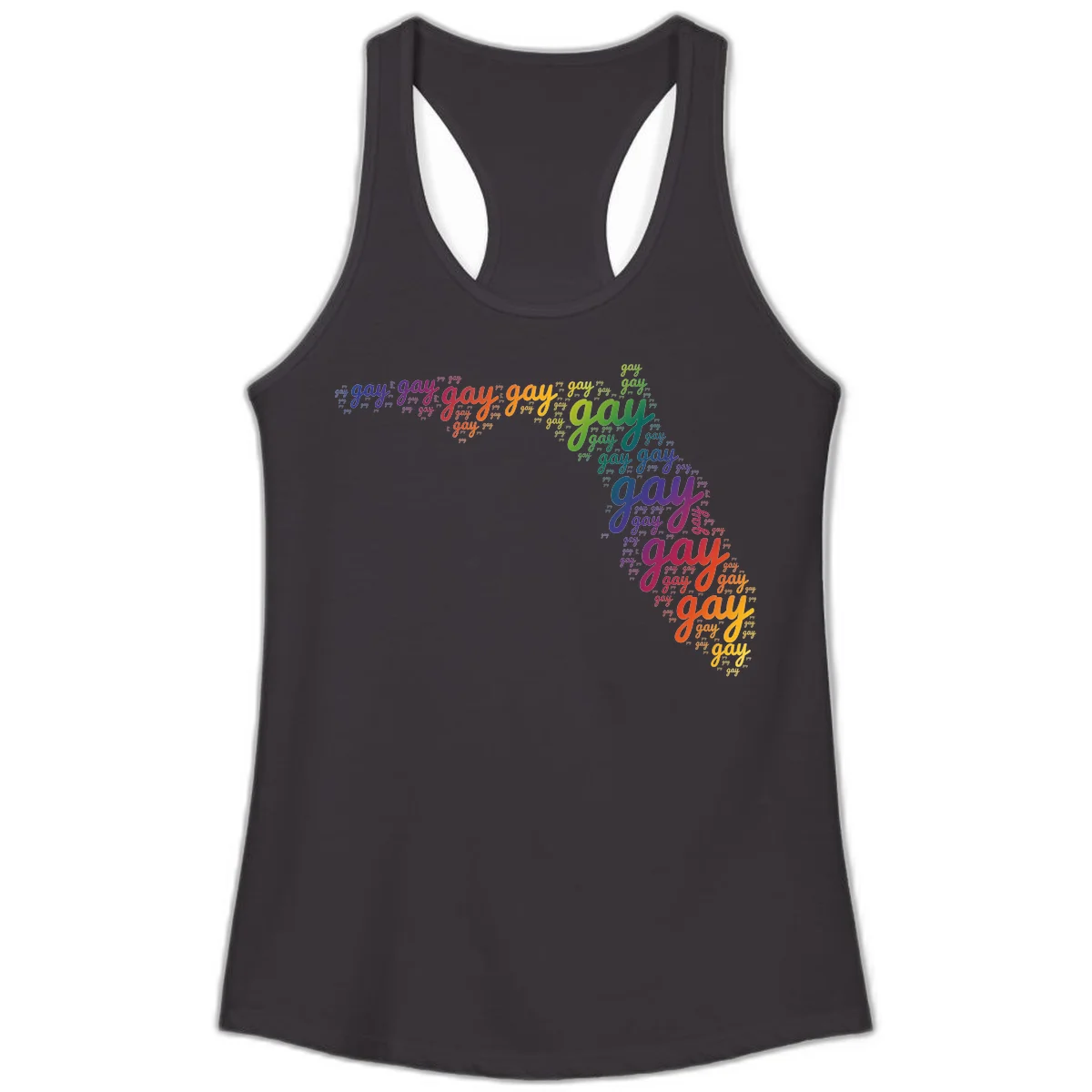 Gay pride word cloud with 'gay' repeated in rainbow colors including blue, purple, red, orange, yellow, and green on gray background in Black
