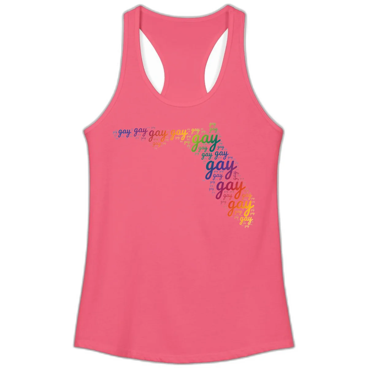 Gay pride word cloud with 'gay' repeated in rainbow colors including blue, purple, red, orange, yellow, and green on gray background in Hot Pink