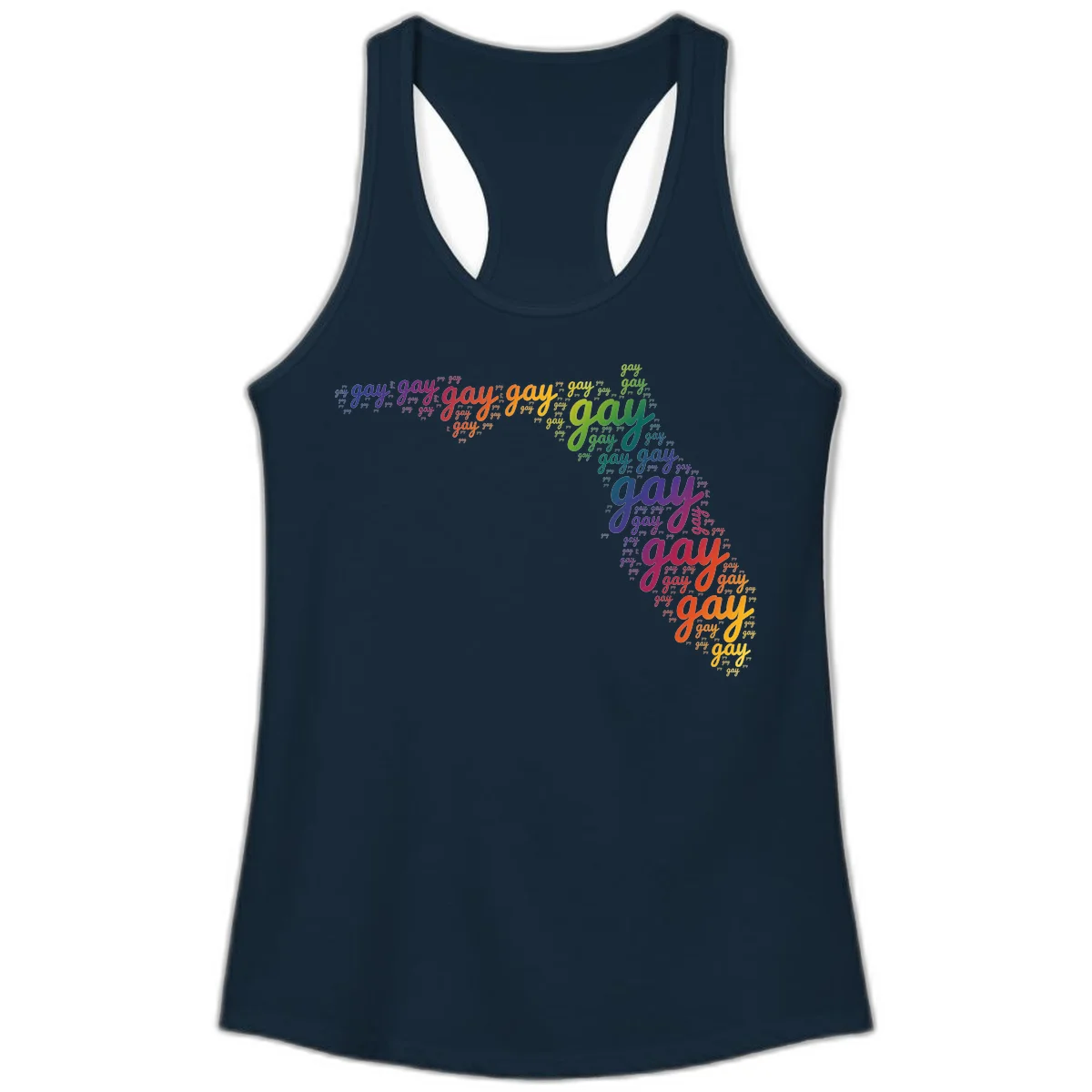 Gay pride word cloud with 'gay' repeated in rainbow colors including blue, purple, red, orange, yellow, and green on gray background in Solid Midnight Navy