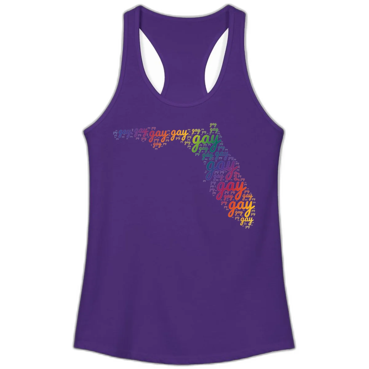 Gay pride word cloud with 'gay' repeated in rainbow colors including blue, purple, red, orange, yellow, and green on gray background in Solid Purple Rush