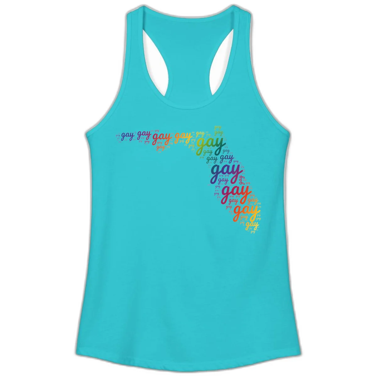 Gay pride word cloud with 'gay' repeated in rainbow colors including blue, purple, red, orange, yellow, and green on gray background in Solid Tahiti Blue