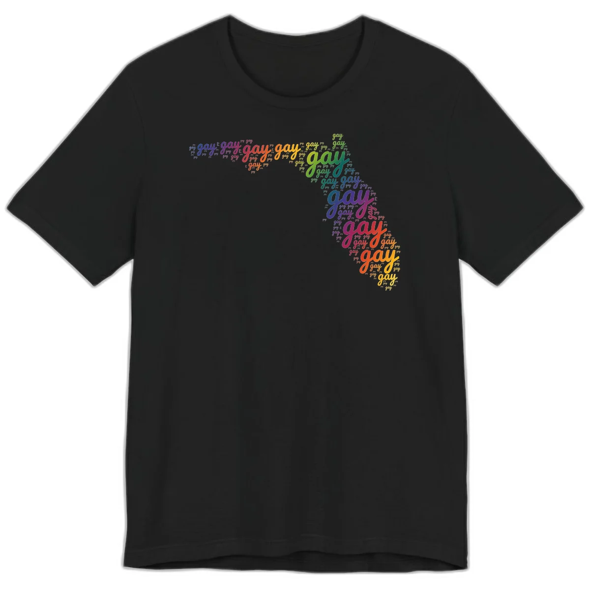 Gay pride word cloud with 'gay' repeated in rainbow colors including blue, purple, red, orange, yellow, and green on gray background in Black