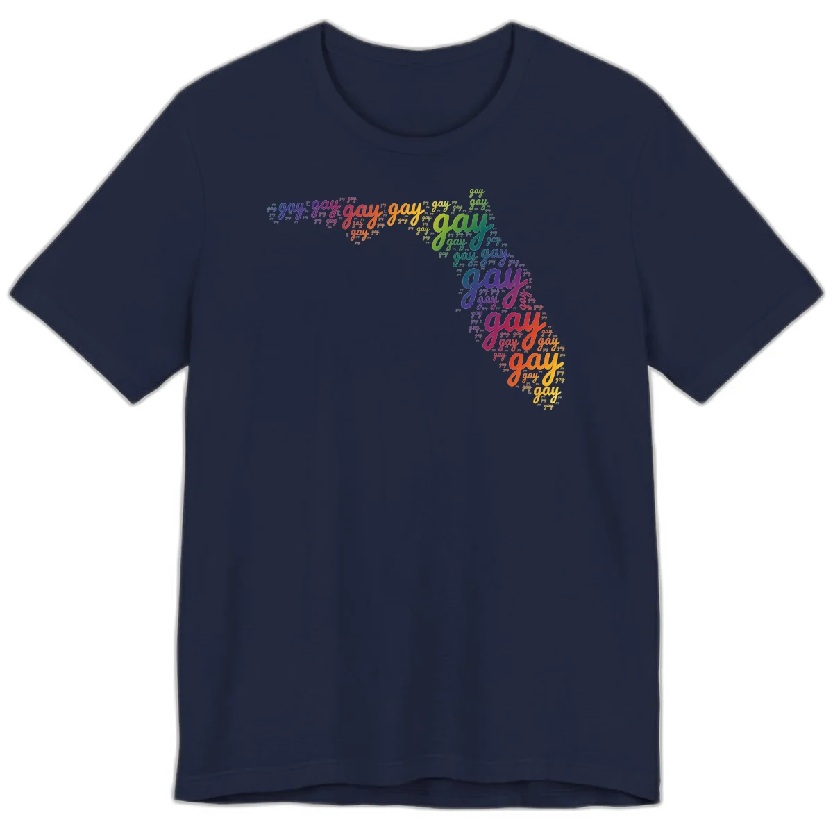 Gay pride word cloud with 'gay' repeated in rainbow colors including blue, purple, red, orange, yellow, and green on gray background in Navy