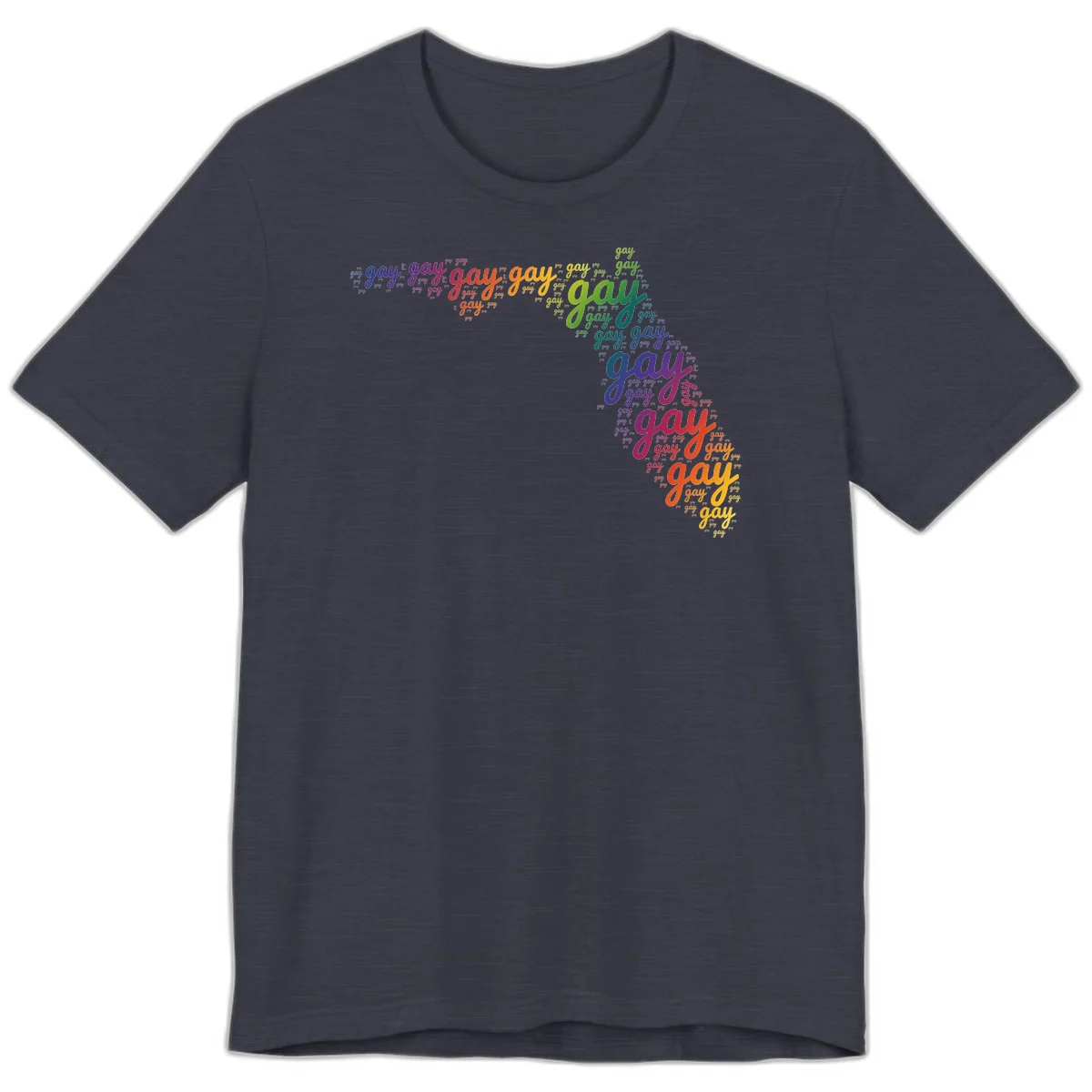 Gay pride word cloud with 'gay' repeated in rainbow colors including blue, purple, red, orange, yellow, and green on gray background in Heather Midnight Navy