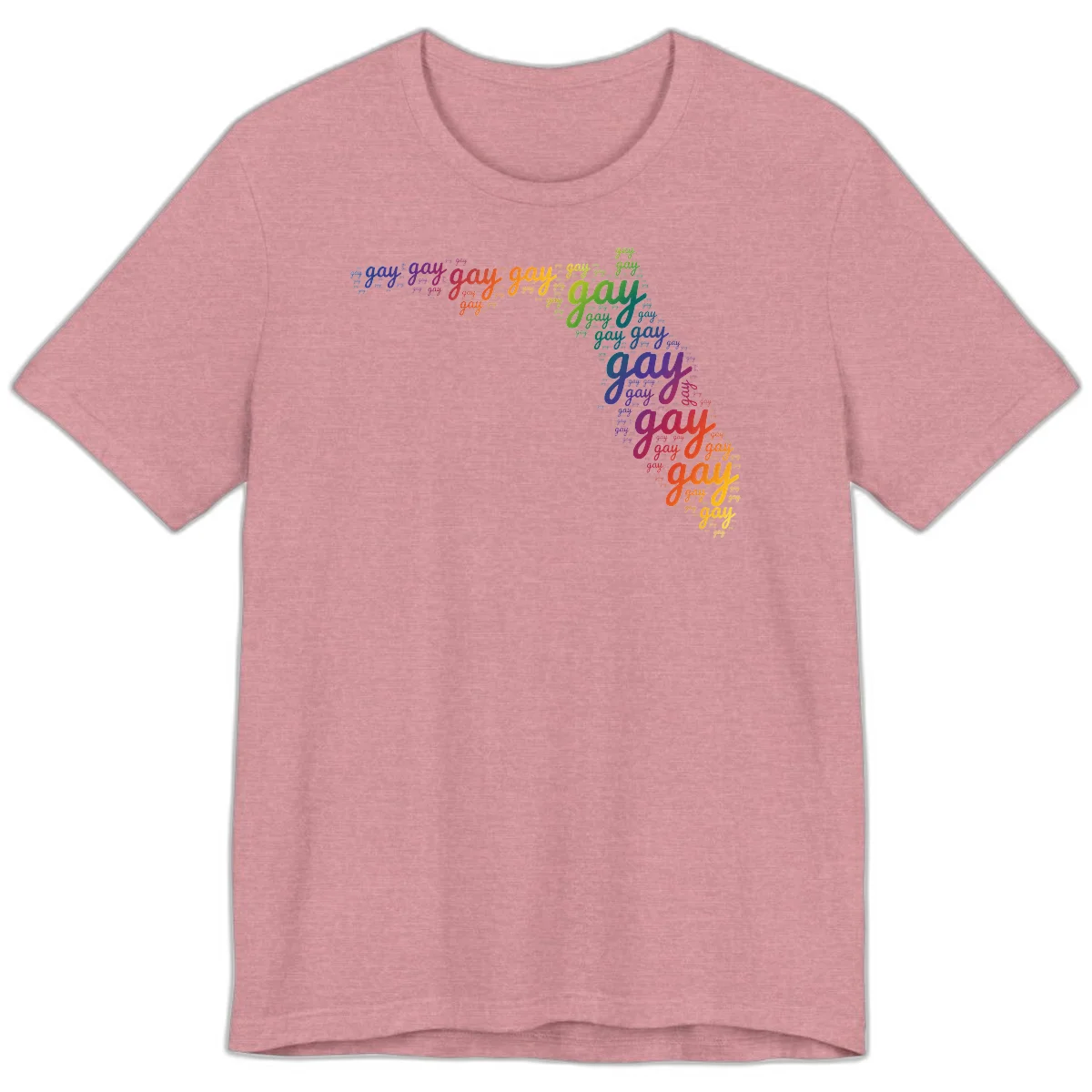 Gay pride word cloud with 'gay' repeated in rainbow colors including blue, purple, red, orange, yellow, and green on gray background in Heather Orchid