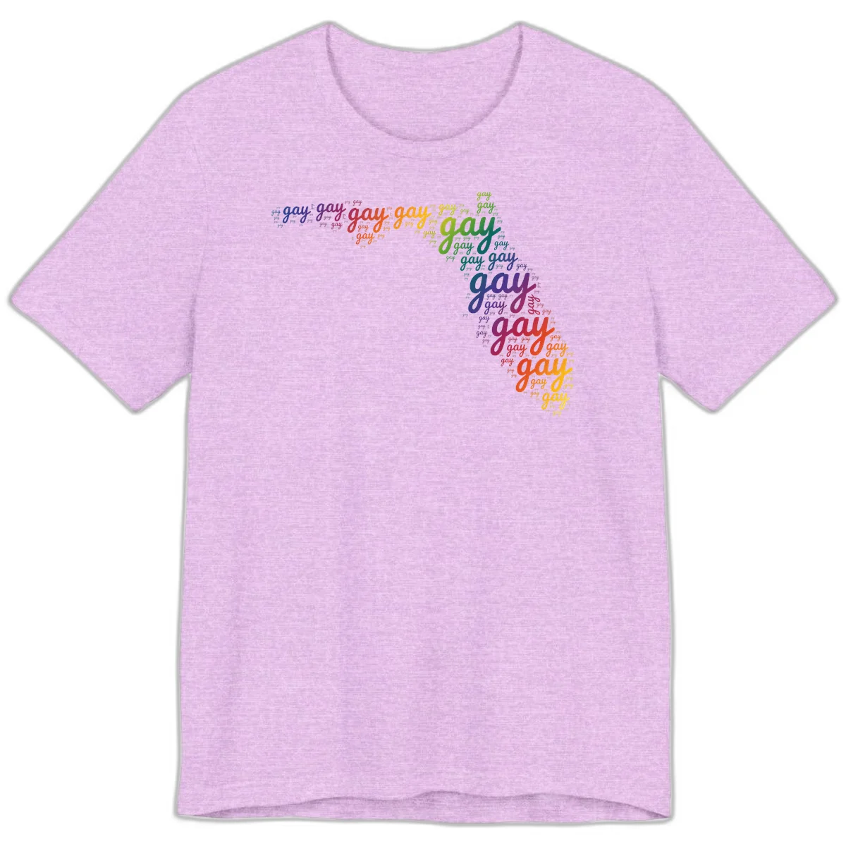 Gay pride word cloud with 'gay' repeated in rainbow colors including blue, purple, red, orange, yellow, and green on gray background in Heather Prism Lilac