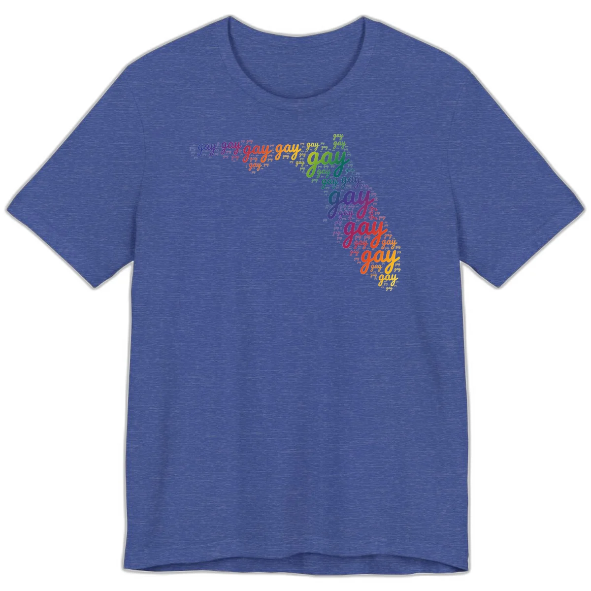 Gay pride word cloud with 'gay' repeated in rainbow colors including blue, purple, red, orange, yellow, and green on gray background in Heather True Royal