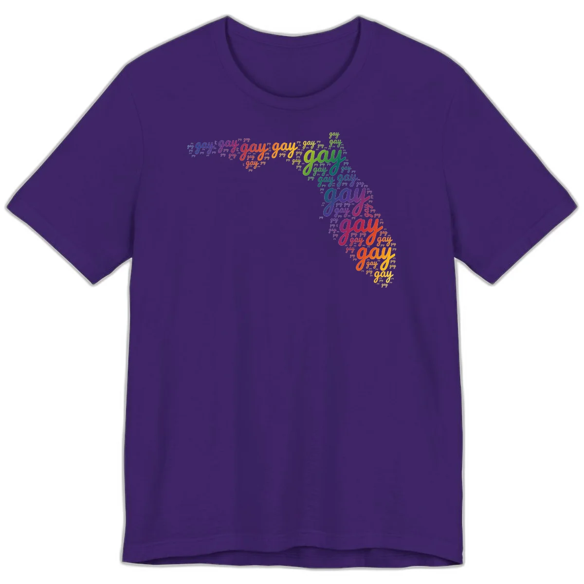 Gay pride word cloud with 'gay' repeated in rainbow colors including blue, purple, red, orange, yellow, and green on gray background in Team Purple