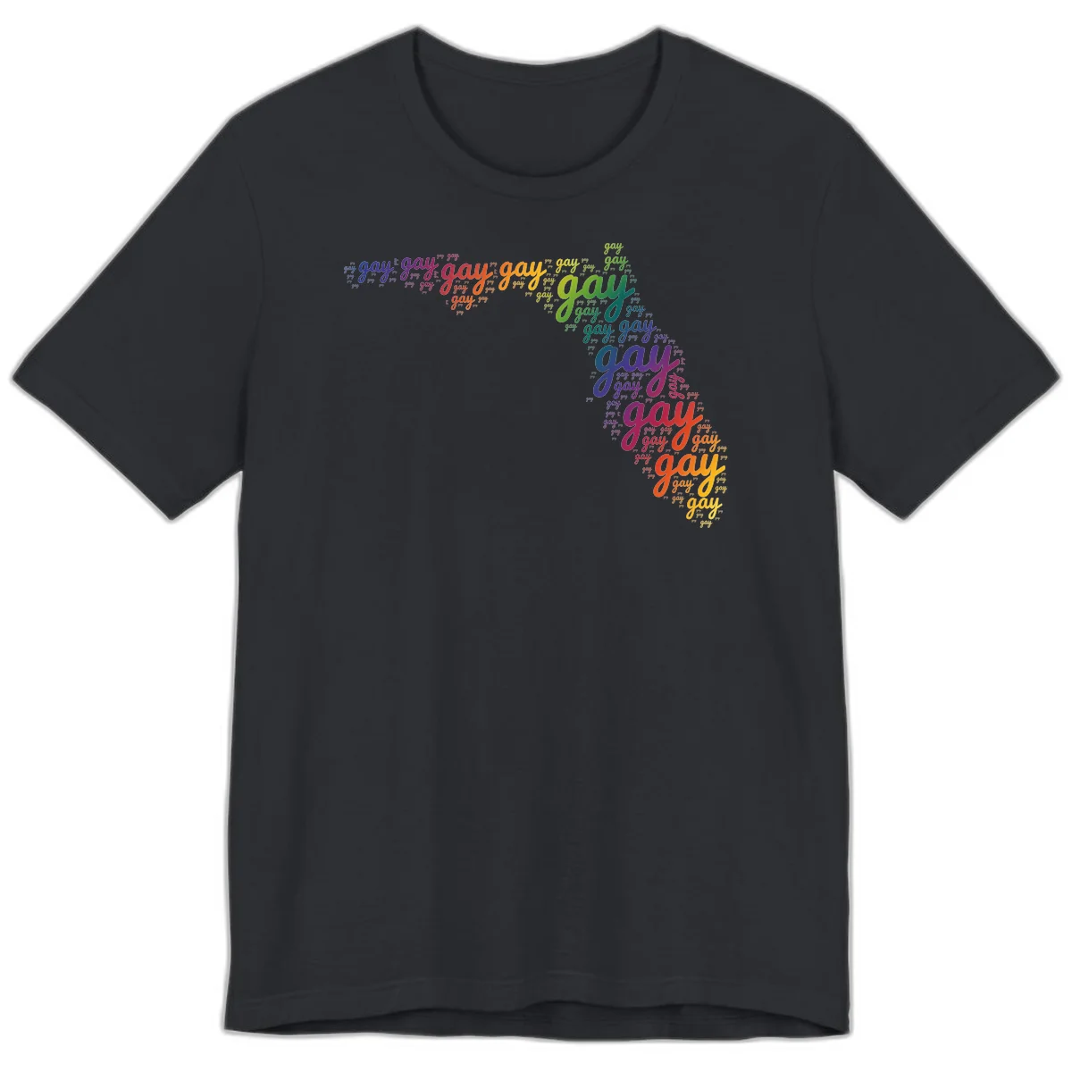 Gay pride word cloud with 'gay' repeated in rainbow colors including blue, purple, red, orange, yellow, and green on gray background in Vintage Black