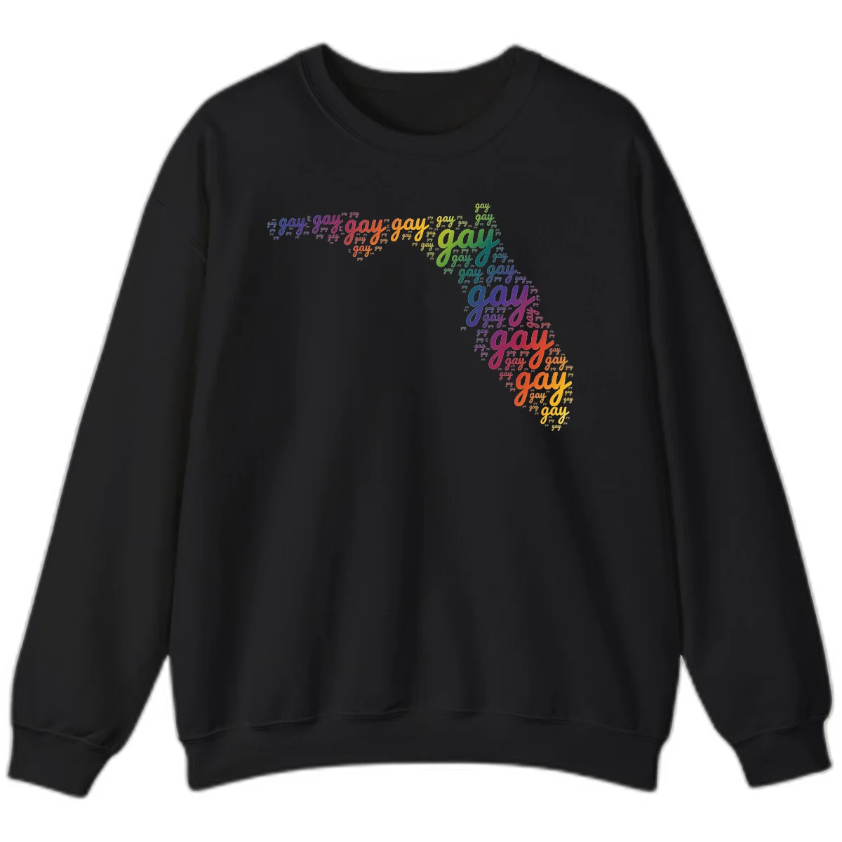 Gay pride word cloud with 'gay' repeated in rainbow colors including blue, purple, red, orange, yellow, and green on gray background in Black