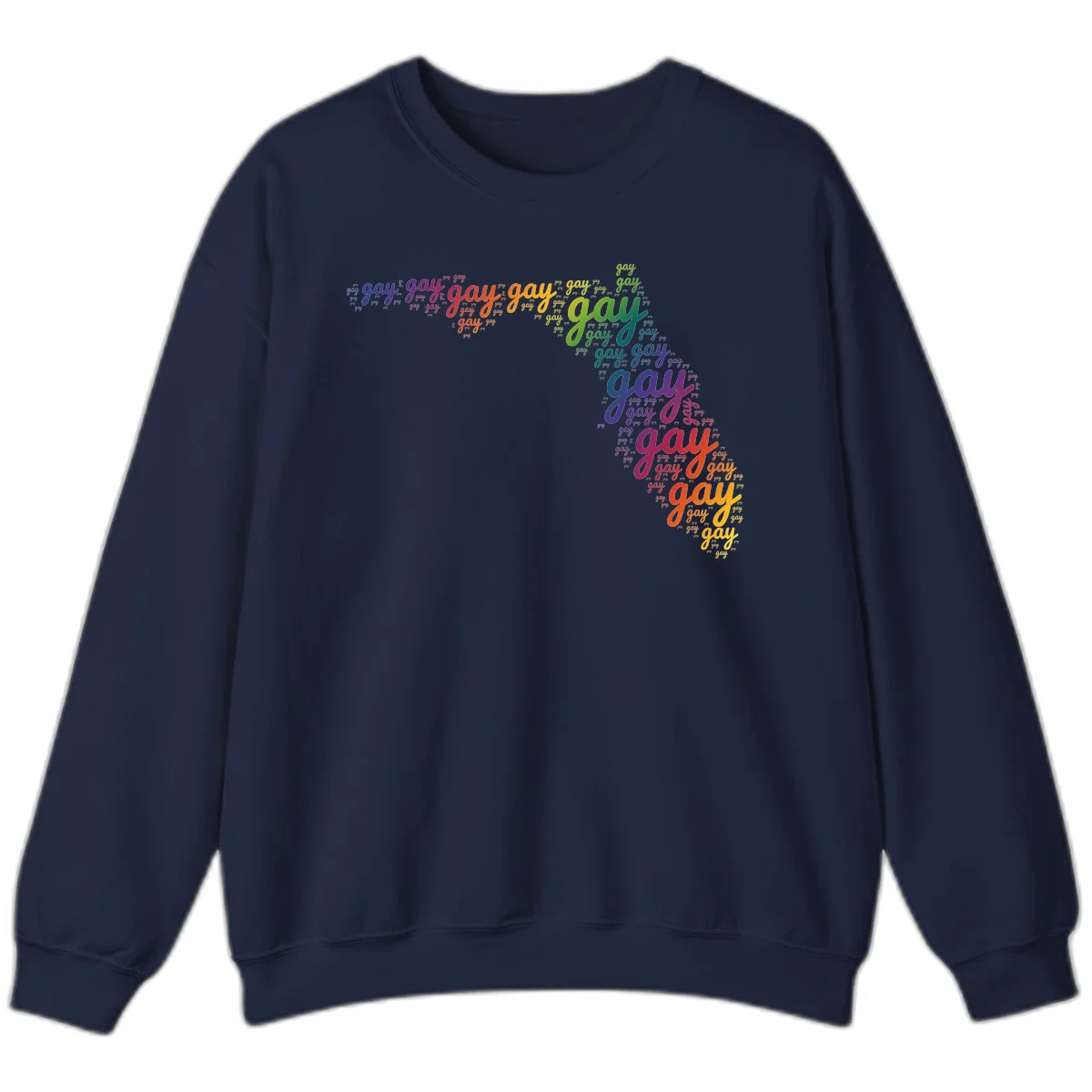Gay pride word cloud with 'gay' repeated in rainbow colors including blue, purple, red, orange, yellow, and green on gray background in Navy