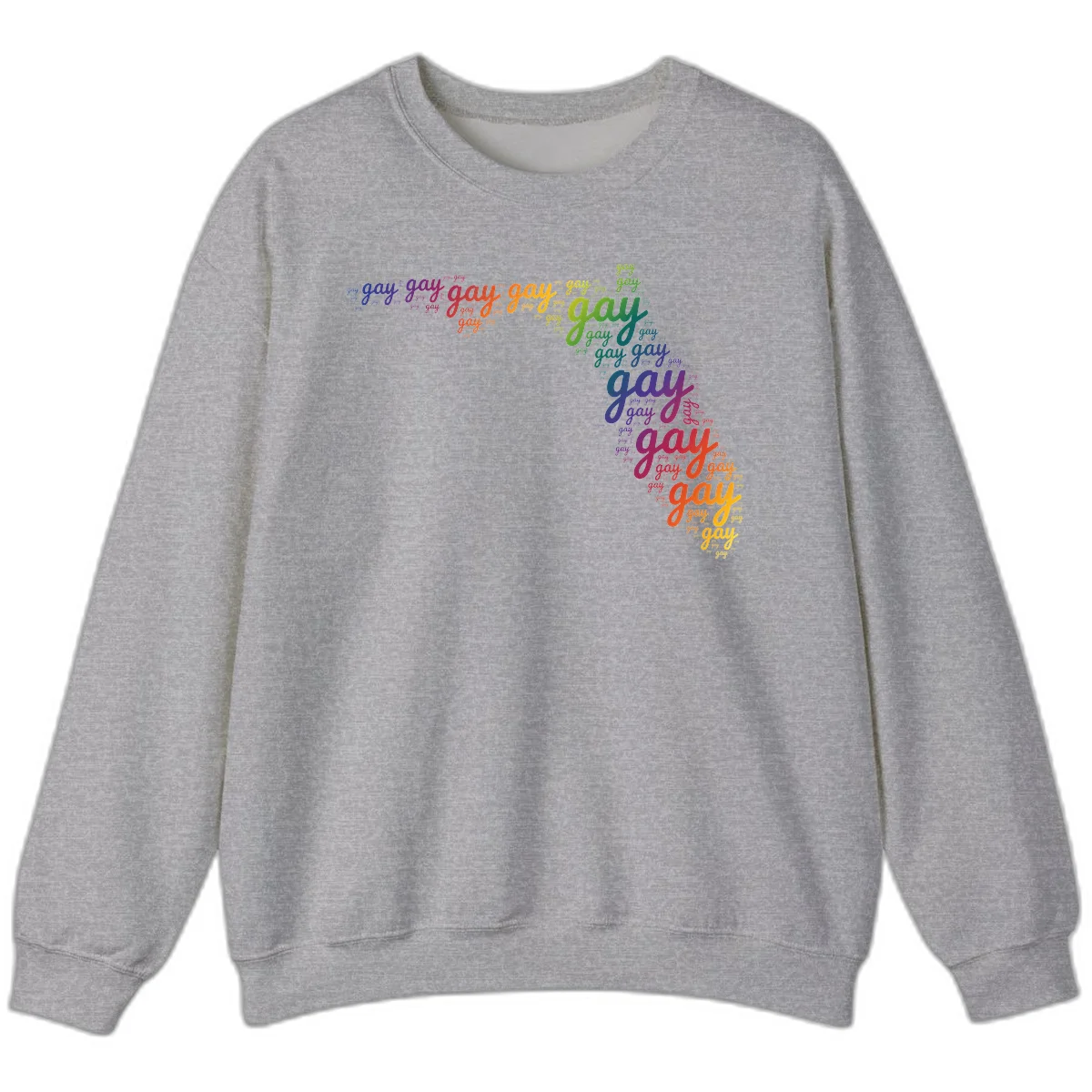 Gay pride word cloud with 'gay' repeated in rainbow colors including blue, purple, red, orange, yellow, and green on gray background in Sport Grey
