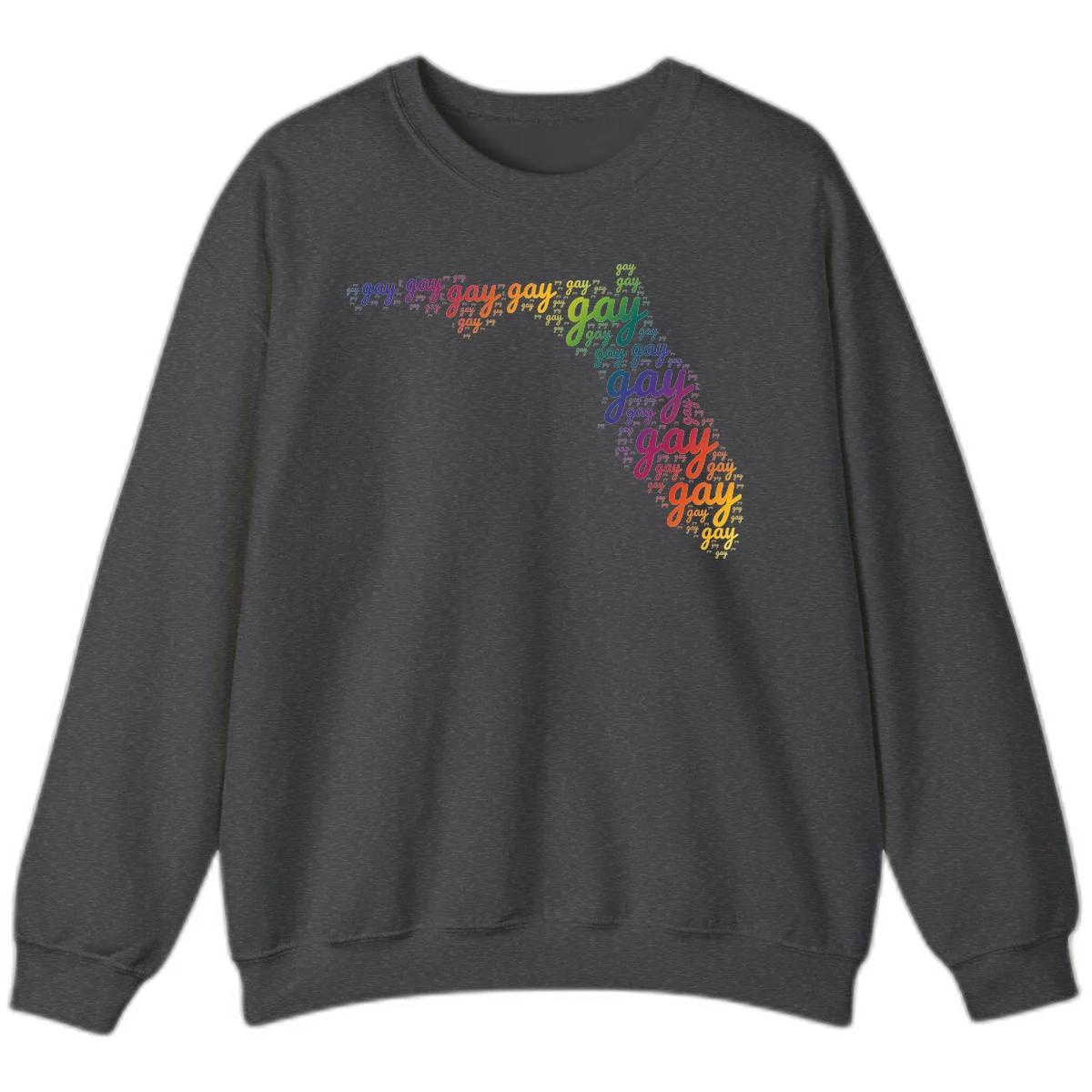 Gay pride word cloud with 'gay' repeated in rainbow colors including blue, purple, red, orange, yellow, and green on gray background in Dark Heather