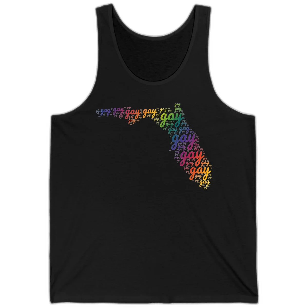 Gay pride word cloud with 'gay' repeated in rainbow colors including blue, purple, red, orange, yellow, and green on gray background in Black