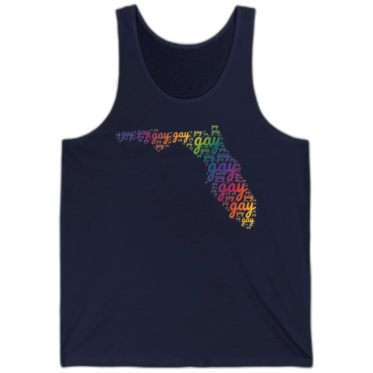 Gay pride word cloud with 'gay' repeated in rainbow colors including blue, purple, red, orange, yellow, and green on gray background in Navy