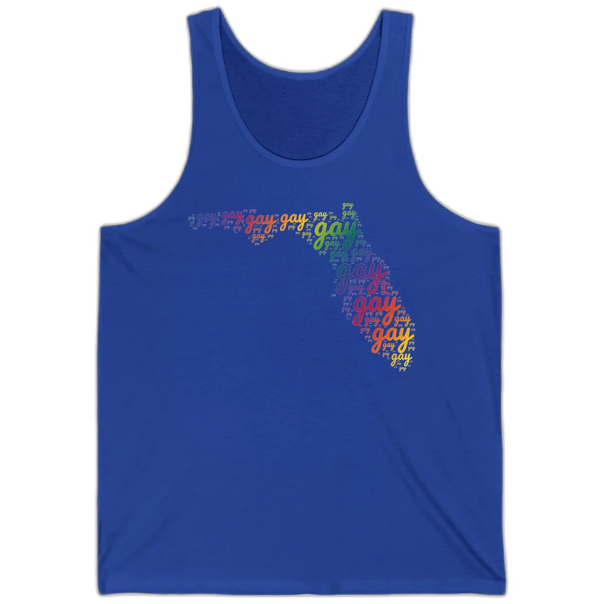 Gay pride word cloud with 'gay' repeated in rainbow colors including blue, purple, red, orange, yellow, and green on gray background in True Royal