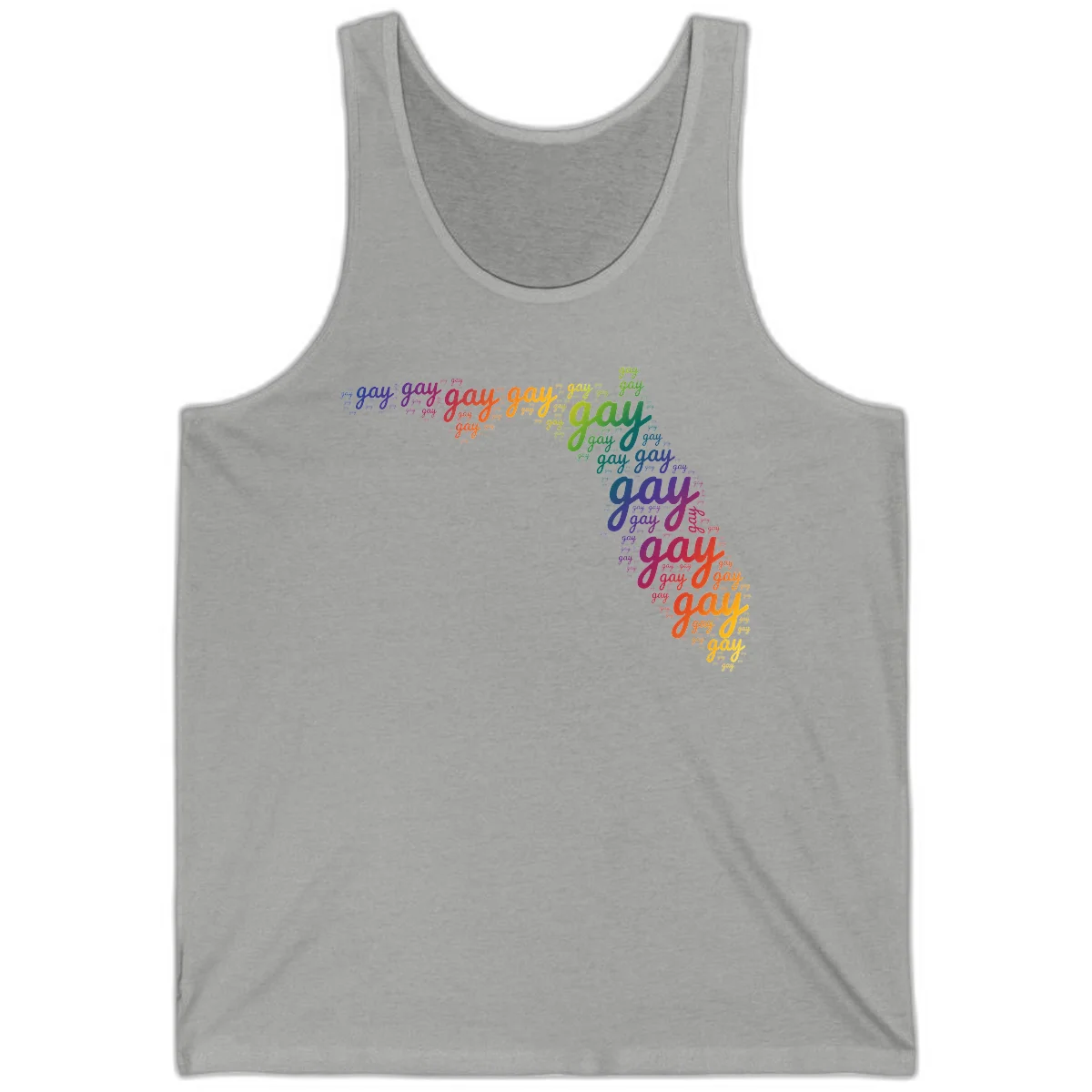 Gay pride word cloud with 'gay' repeated in rainbow colors including blue, purple, red, orange, yellow, and green on gray background in Athletic Heather
