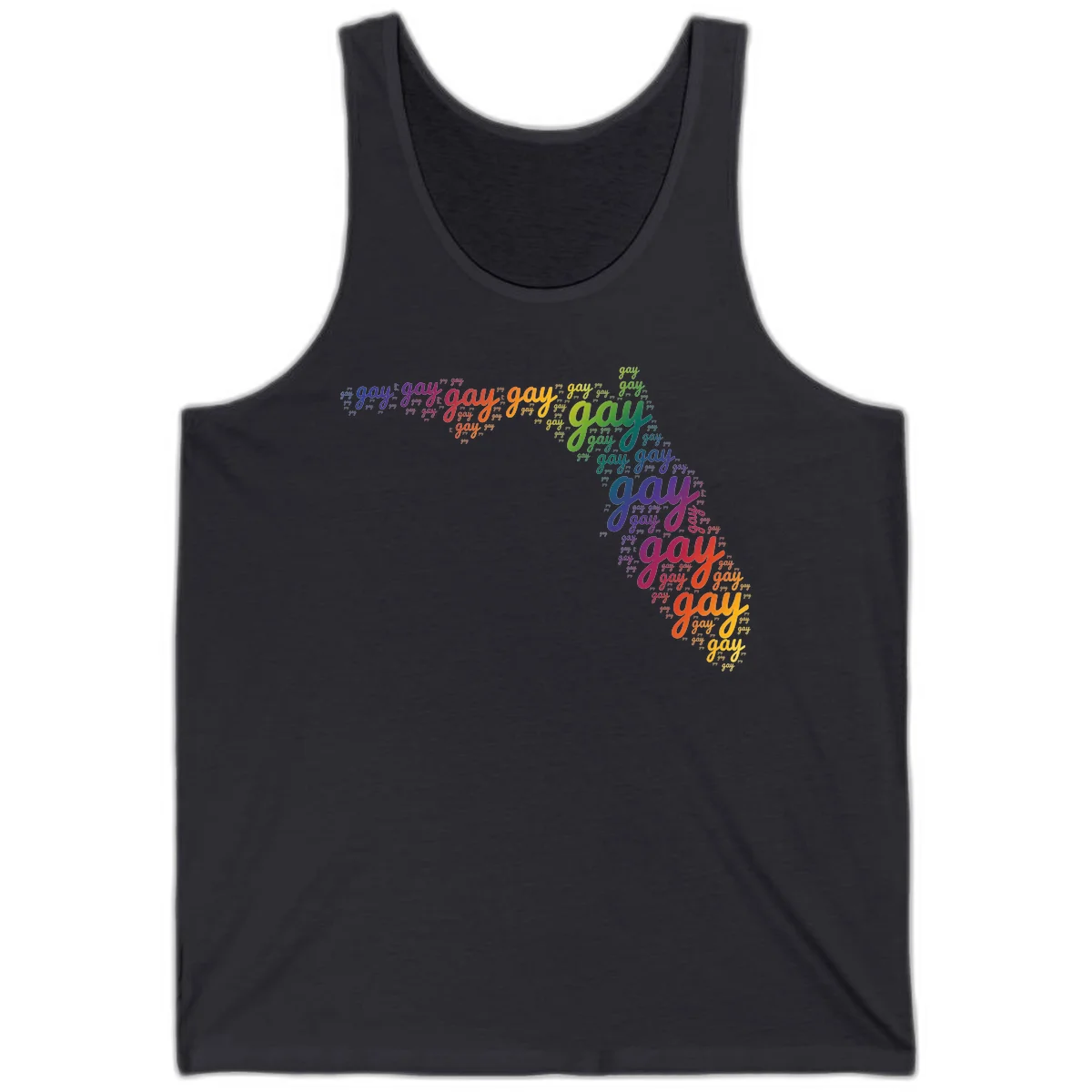 Gay pride word cloud with 'gay' repeated in rainbow colors including blue, purple, red, orange, yellow, and green on gray background in Dark Grey