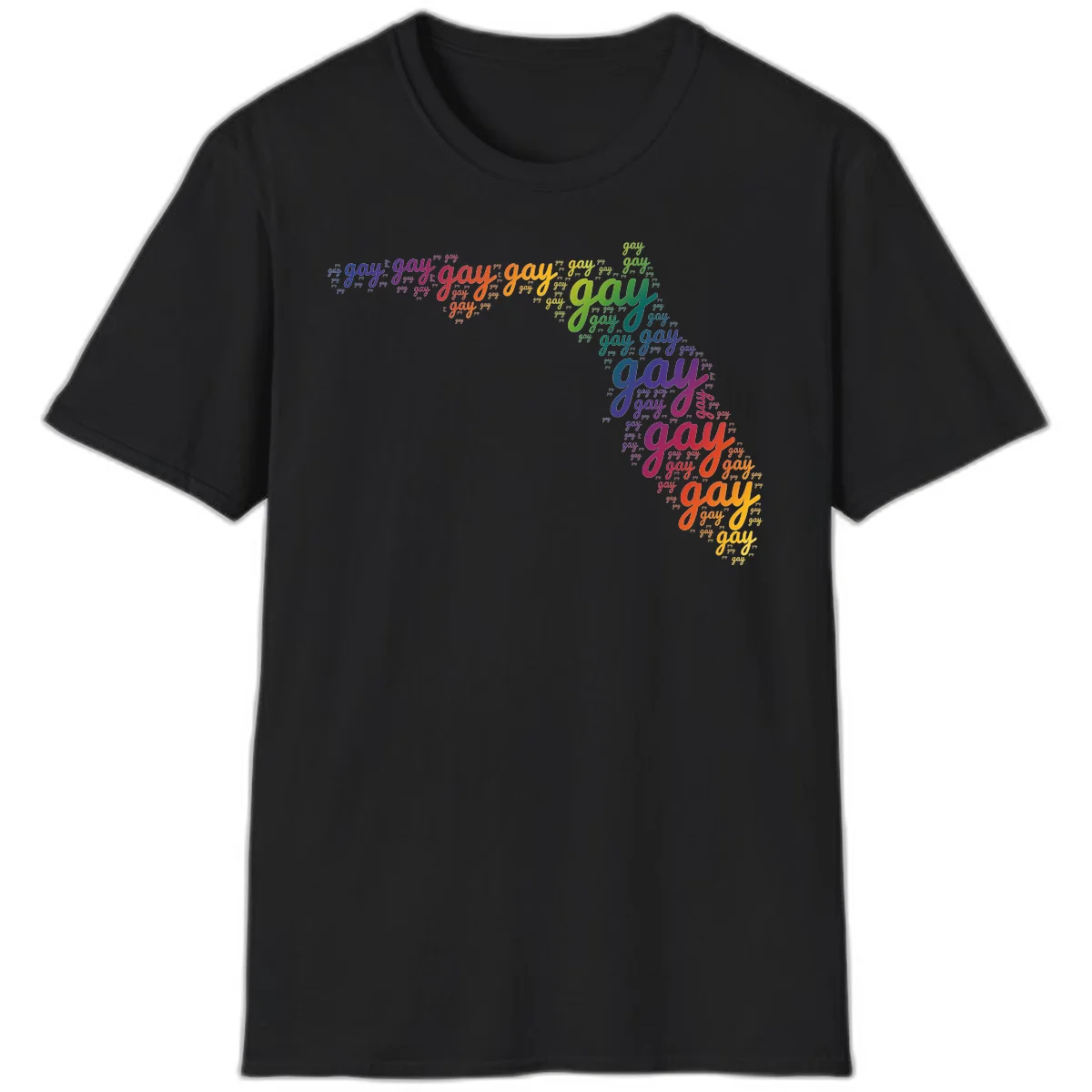 Gay pride word cloud with 'gay' repeated in rainbow colors including blue, purple, red, orange, yellow, and green on gray background in Black
