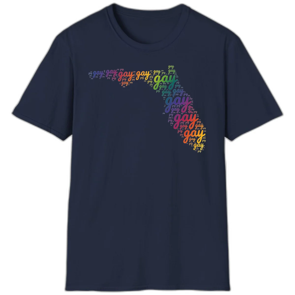 Gay pride word cloud with 'gay' repeated in rainbow colors including blue, purple, red, orange, yellow, and green on gray background in Navy