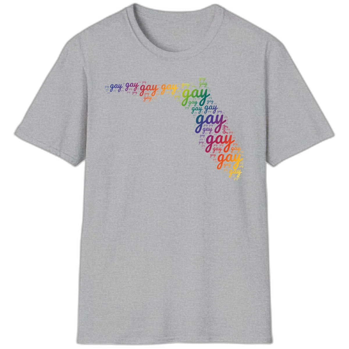 Gay pride word cloud with 'gay' repeated in rainbow colors including blue, purple, red, orange, yellow, and green on gray background in Sport Grey