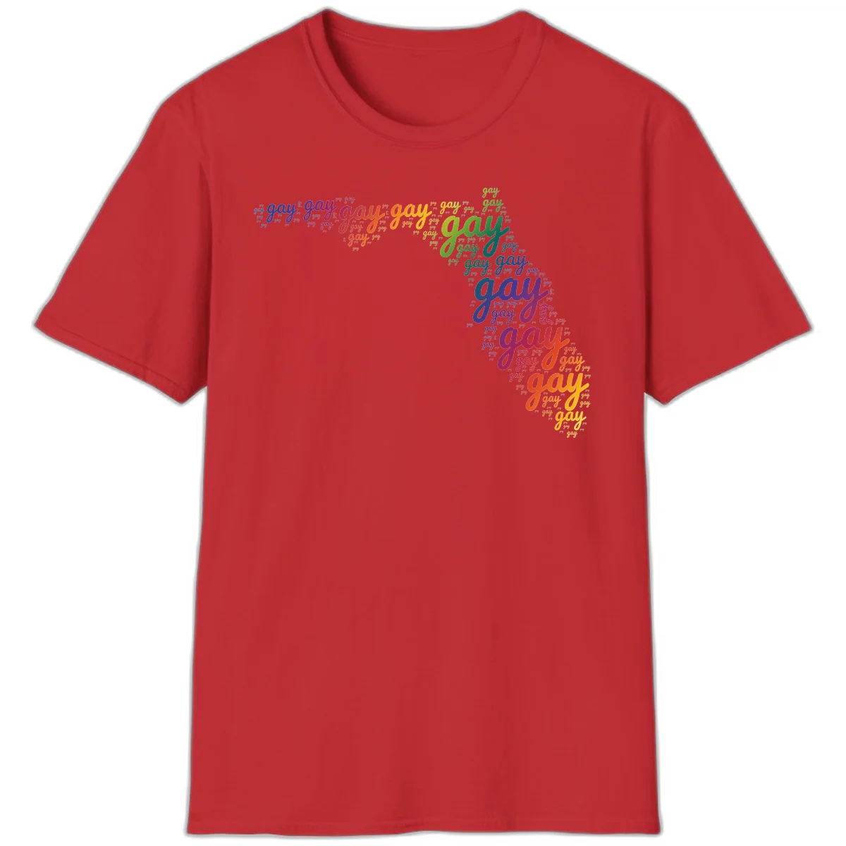 Gay pride word cloud with 'gay' repeated in rainbow colors including blue, purple, red, orange, yellow, and green on gray background in Red