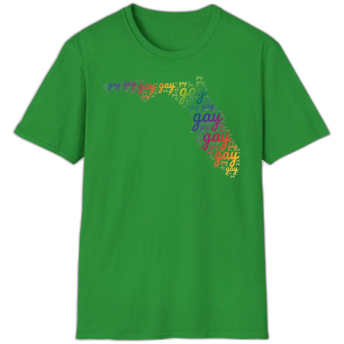 Gay pride word cloud with 'gay' repeated in rainbow colors including blue, purple, red, orange, yellow, and green on gray background in Irish Green