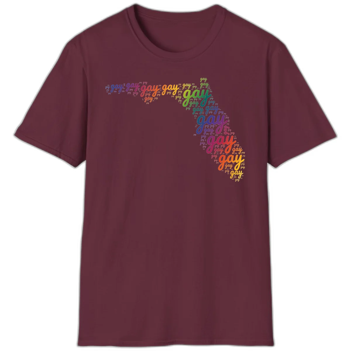 Gay pride word cloud with 'gay' repeated in rainbow colors including blue, purple, red, orange, yellow, and green on gray background in Maroon