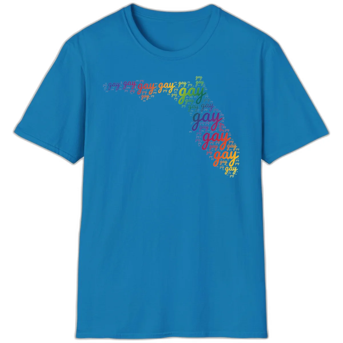 Gay pride word cloud with 'gay' repeated in rainbow colors including blue, purple, red, orange, yellow, and green on gray background in Sapphire