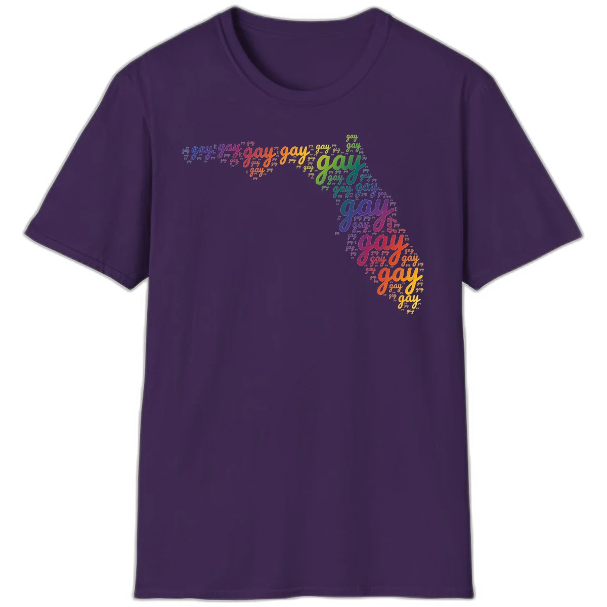 Gay pride word cloud with 'gay' repeated in rainbow colors including blue, purple, red, orange, yellow, and green on gray background in Purple