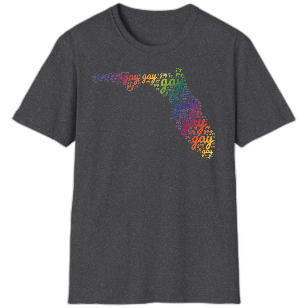 Gay pride word cloud with 'gay' repeated in rainbow colors including blue, purple, red, orange, yellow, and green on gray background in Dark Heather
