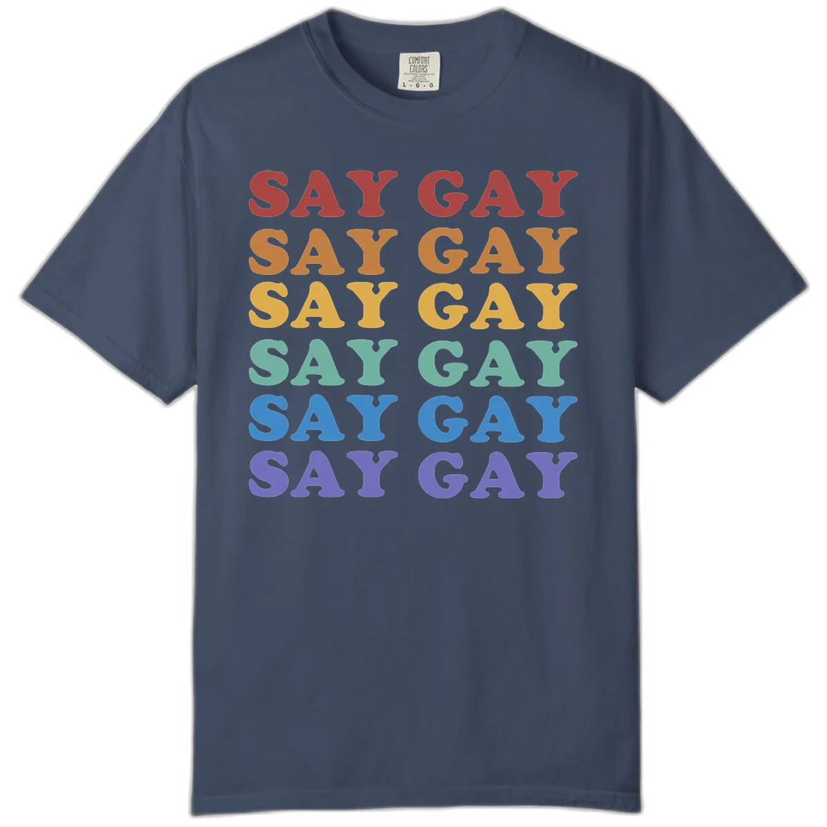 Repeating 'SAY GAY' text in rainbow colors from red to purple on gray background, pride statement design in Midnight