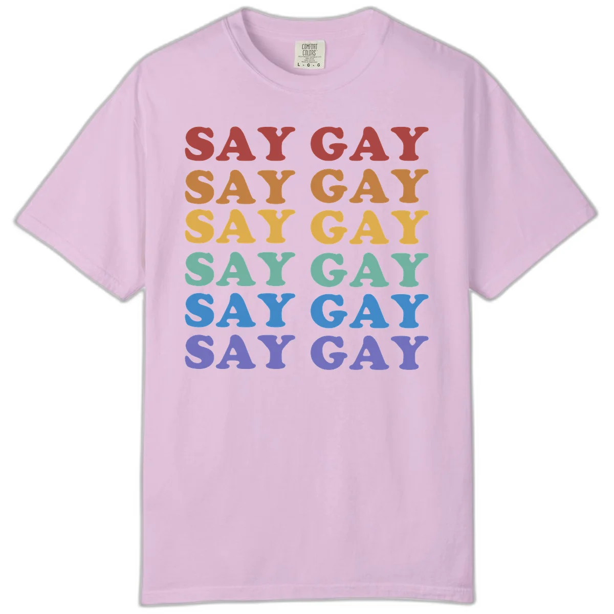 Repeating 'SAY GAY' text in rainbow colors from red to purple on gray background, pride statement design in Orchid