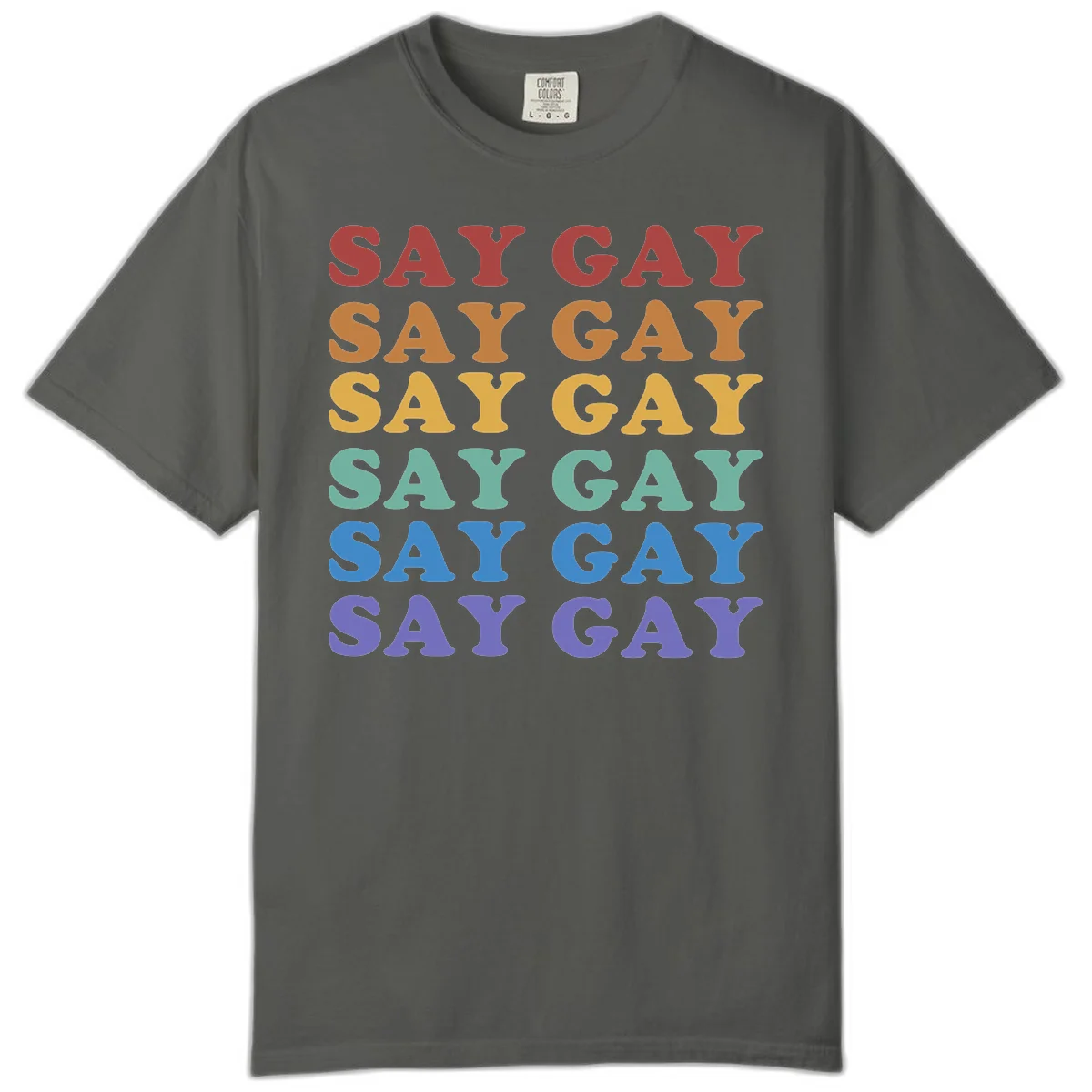 Repeating 'SAY GAY' text in rainbow colors from red to purple on gray background, pride statement design in Pepper