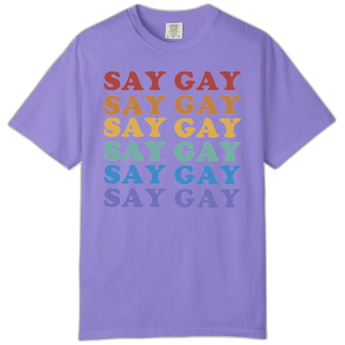 Repeating 'SAY GAY' text in rainbow colors from red to purple on gray background, pride statement design in Violet