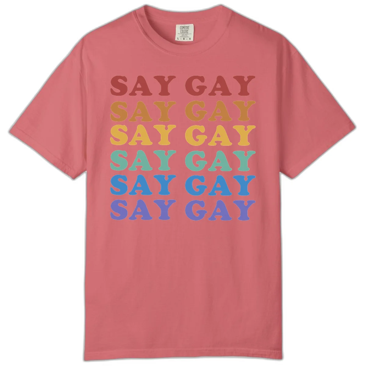Repeating 'SAY GAY' text in rainbow colors from red to purple on gray background, pride statement design in Watermelon