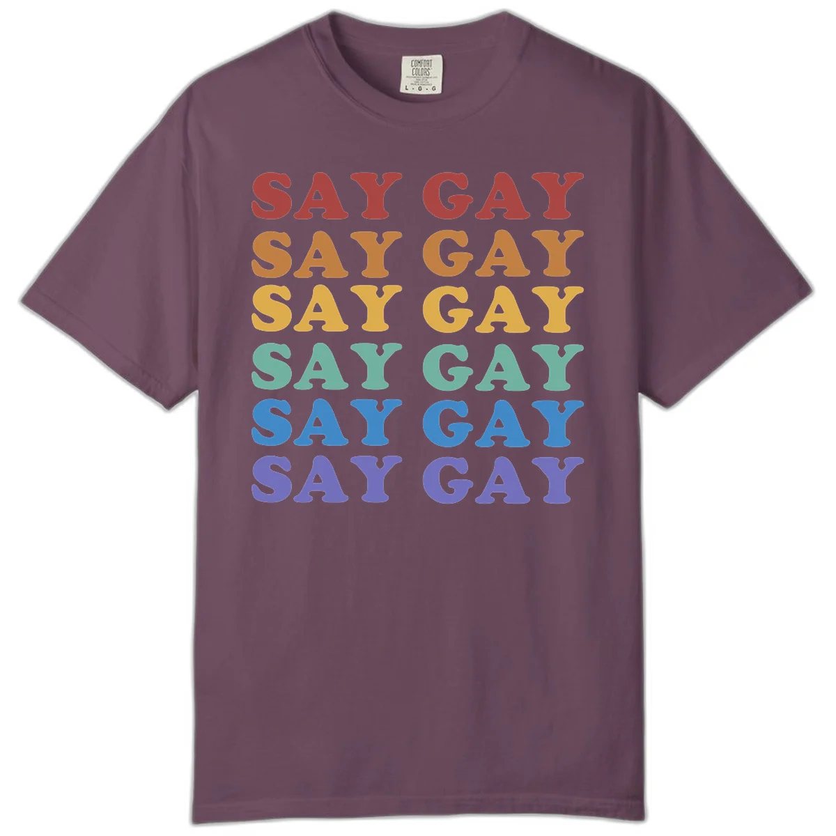 Repeating 'SAY GAY' text in rainbow colors from red to purple on gray background, pride statement design in Berry