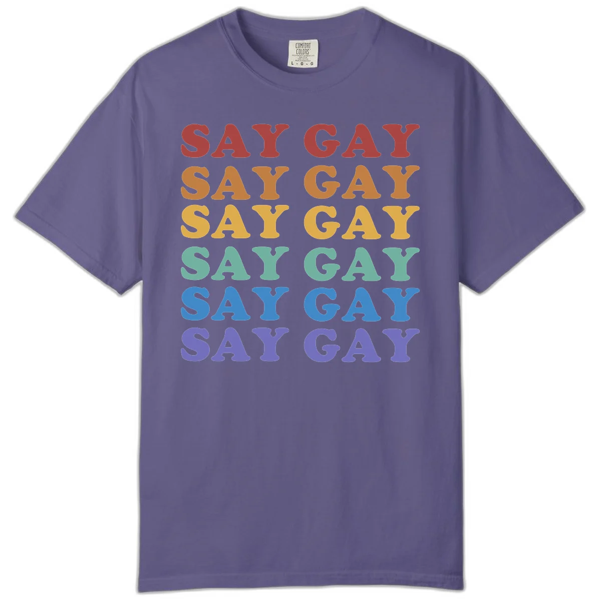 Repeating 'SAY GAY' text in rainbow colors from red to purple on gray background, pride statement design in Grape